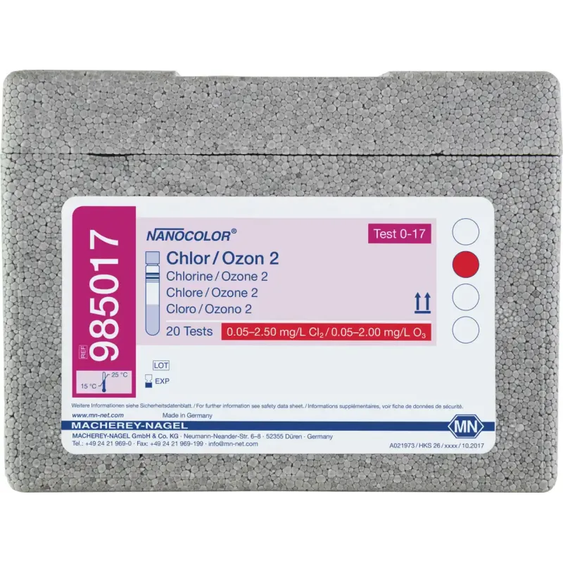 NANOCOLOR Chlorine/Ozone 2 tube test measuring range: 0.05-2.50 mg/L Cl2 0.05-2.00 mg/L O3 sufficient for 20 determinations