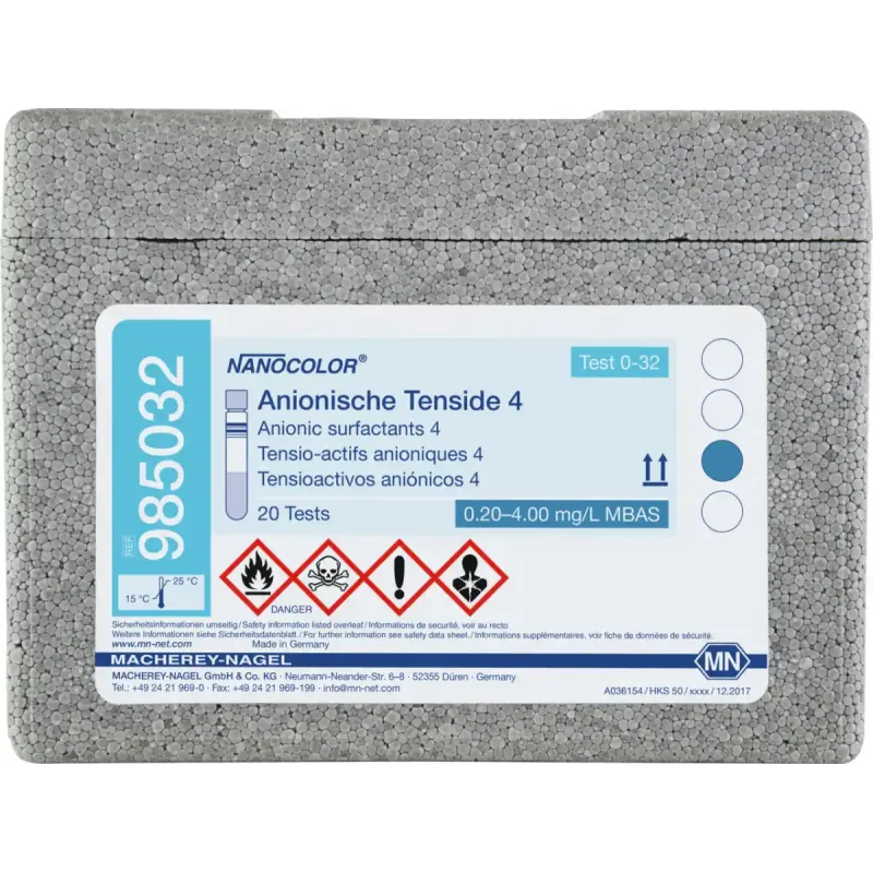 NANOCOLOR Anionic surfactants 4 tube test measuring range: 0.20-4.00 mg/L MBAS 0.20-3.50 mg/L SDS sufficient for 20 determinations