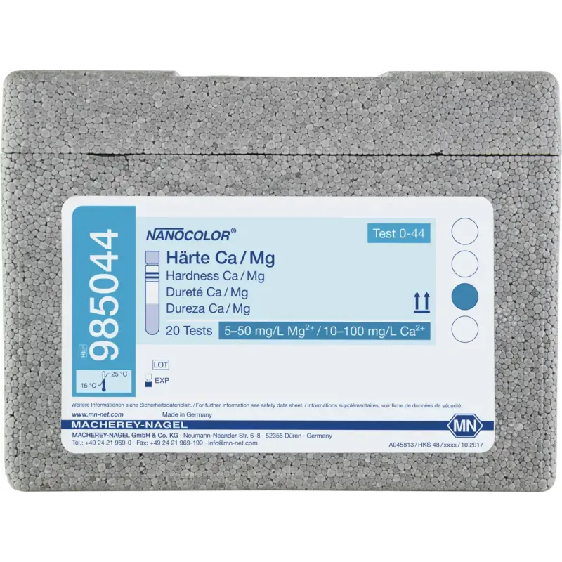NANOCOLOR Hardness Ca/Mg tube test measuring range: 1.25-25.00 °e / 5-50 mg/L Mg2+ 0.2-3.6 mmol/L / 10-100 mg/L Ca2+ sufficient for 20 determinations