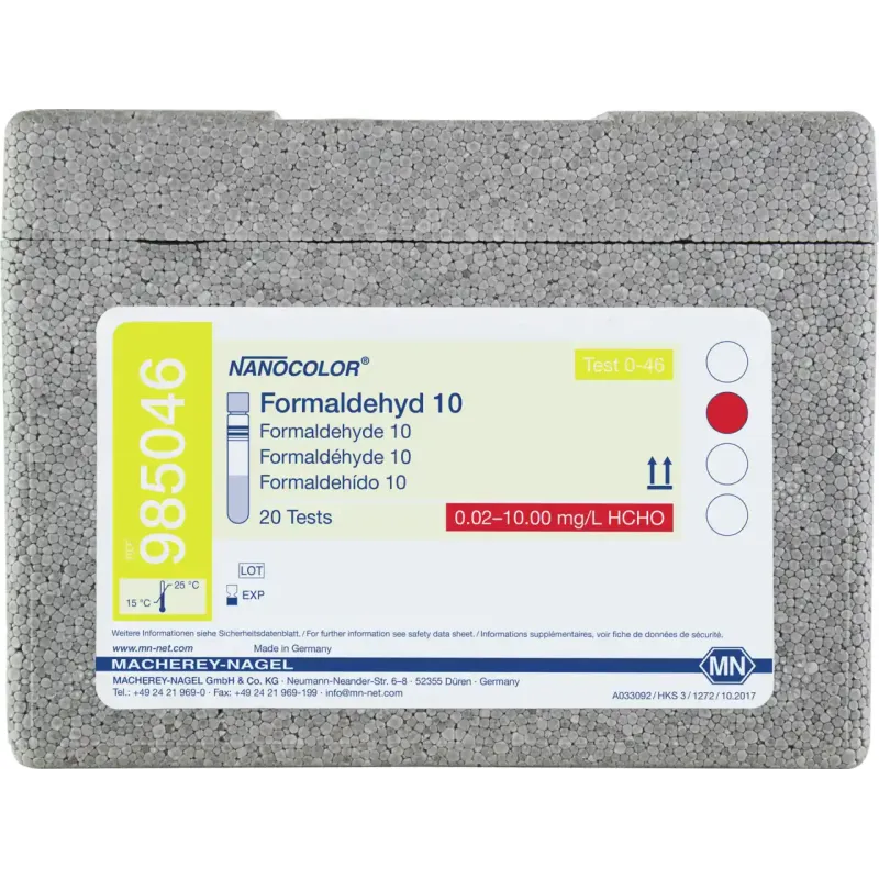 NANOCOLOR Formaldehyde 10 tube test measuring range: 0.20-10.00 mg/L HCHO 0.02-1.00 mg/L HCHO sufficient for 20 determinations
