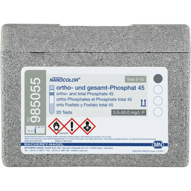NANOCOLOR ortho and total Phosphate 45 tube test measuring range: 5.0-50.0 mg/L P 15-150 mg/L PO43- sufficient for 20 determinations