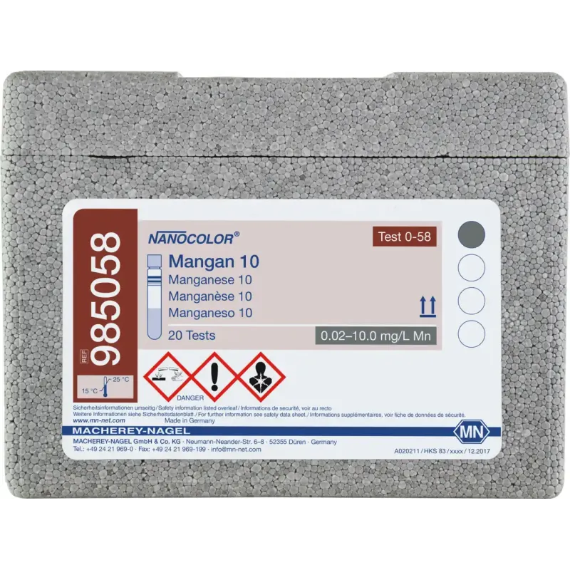NANOCOLOR Manganese 10 tube test measuring range: 0.1-10.0 mg/L Mn 0.02-2.00 mg/L Mn sufficient for 20 determinations