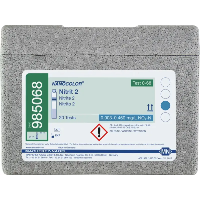 NANOCOLOR Nitrite 2 tube test measuring range: 0.003-0.460 mg/L NO2-N 0.02-1.50 mg/L NO2- sufficient for 20 determinations