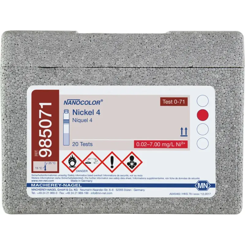NANOCOLOR Nickel 4 tube test measuring range: 0.10-7.00 mg/L Ni2+ 0.02-1.00 mg/L Ni2+ sufficient for 20 determinations