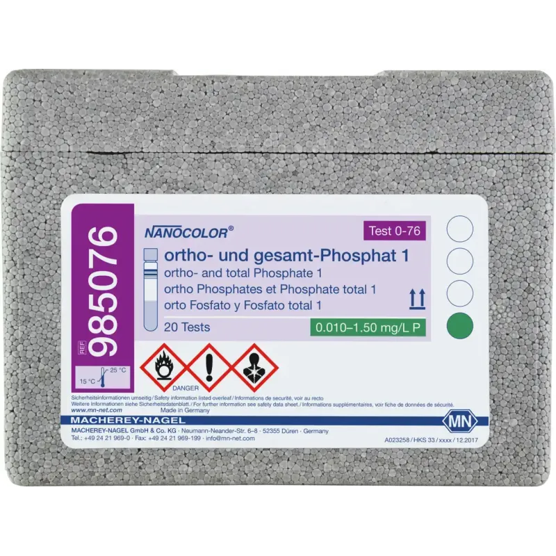 NANOCOLOR ortho and total Phosphate 1 tube test measuring range: 0.05-1.50 mg/L P 0.010-0.800 mg/L P 0.2-5.0 mg/L PO43- 0.03-2.50 mg/L PO43+ sufficient for 20 determinations