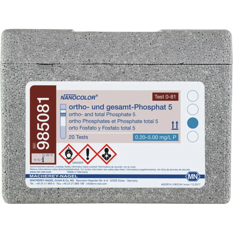 NANOCOLOR ortho and total Phosphate 5 tube test measuring range: 0.20-5.00 mg/L P 0.5-15.0 mg/L PO43- sufficient for 20 determinations