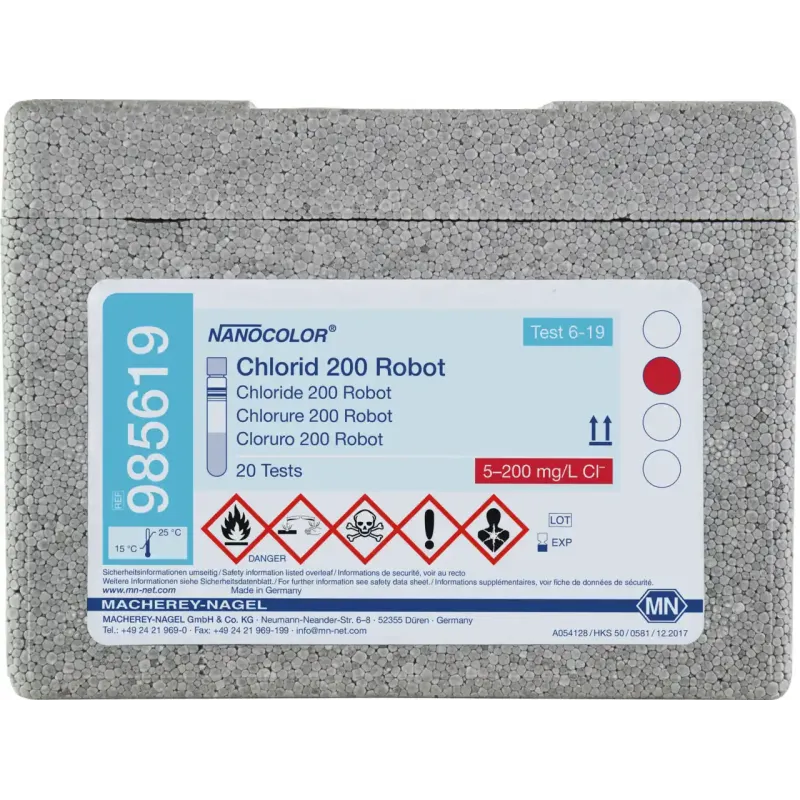 NANOCOLOR Chloride 200 for examination on Skalar robots tube test measuring range: 5-200 mg/L Cl- 0.10-1.00 g/L Cl- sufficient for 20 determinations