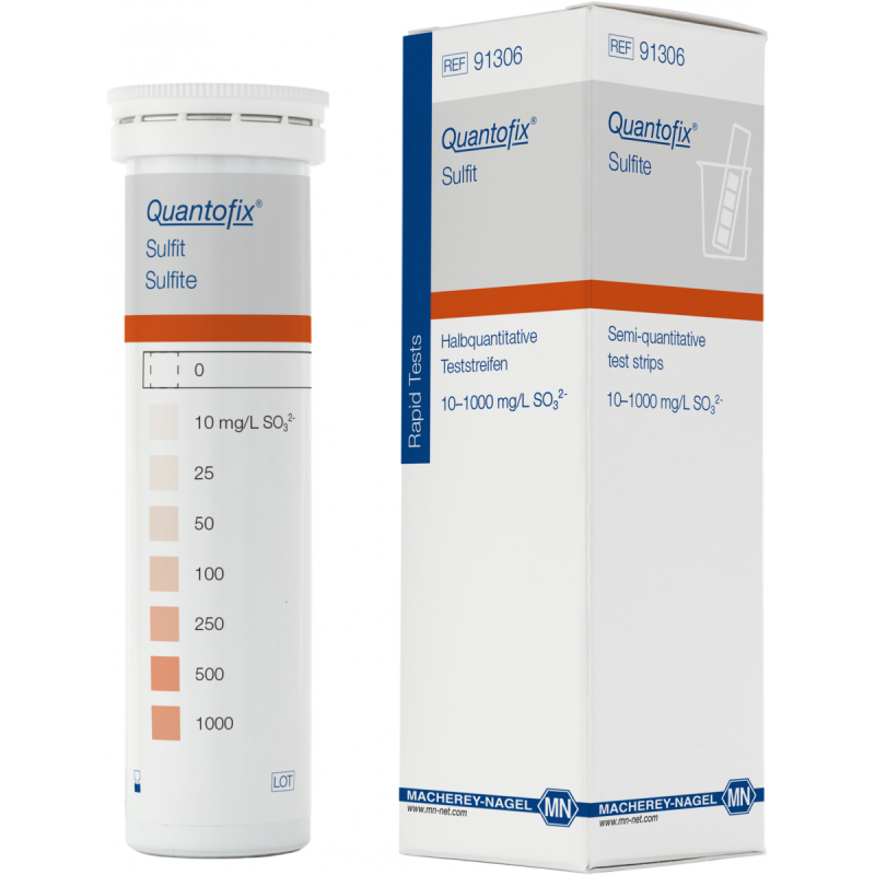 QUANTOFIX Sulphite test strips 6 x 95 mm measuring range: 0-10-25-50-100-250- 500-1000 mg/L SO32- sufficient for 100 determinations