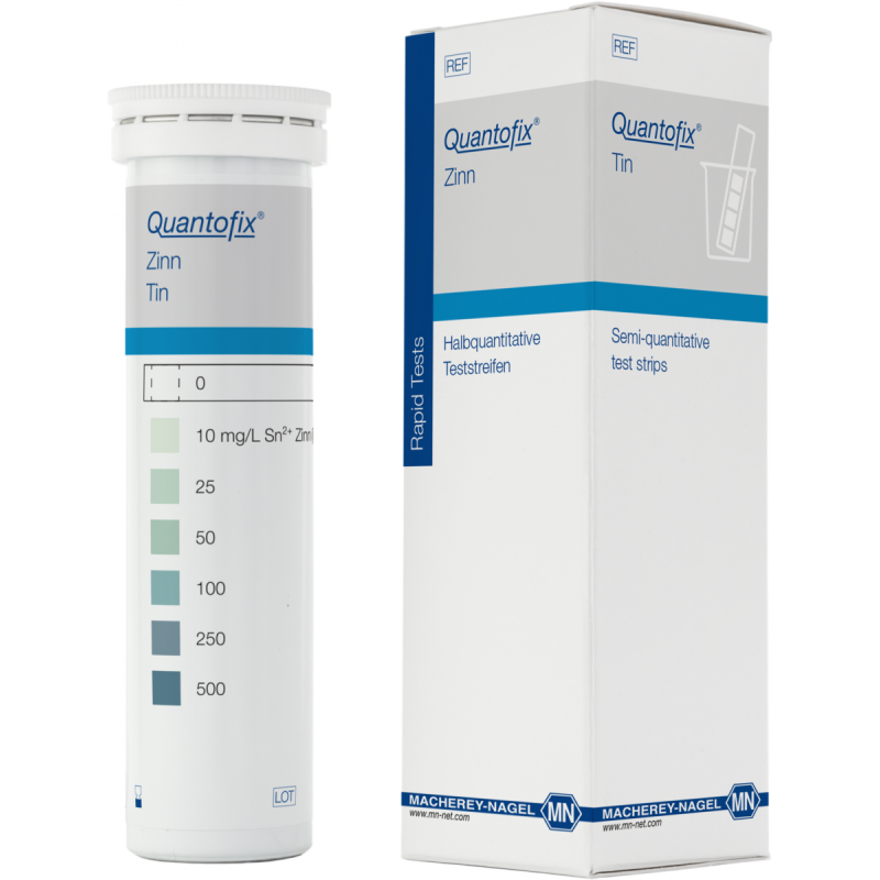QUANTOFIX Tin test strips 6 x 95 mm measuring range: 0-10-25-50-100-250- 500 mg/L Sn2+ sufficient for 100 determinations