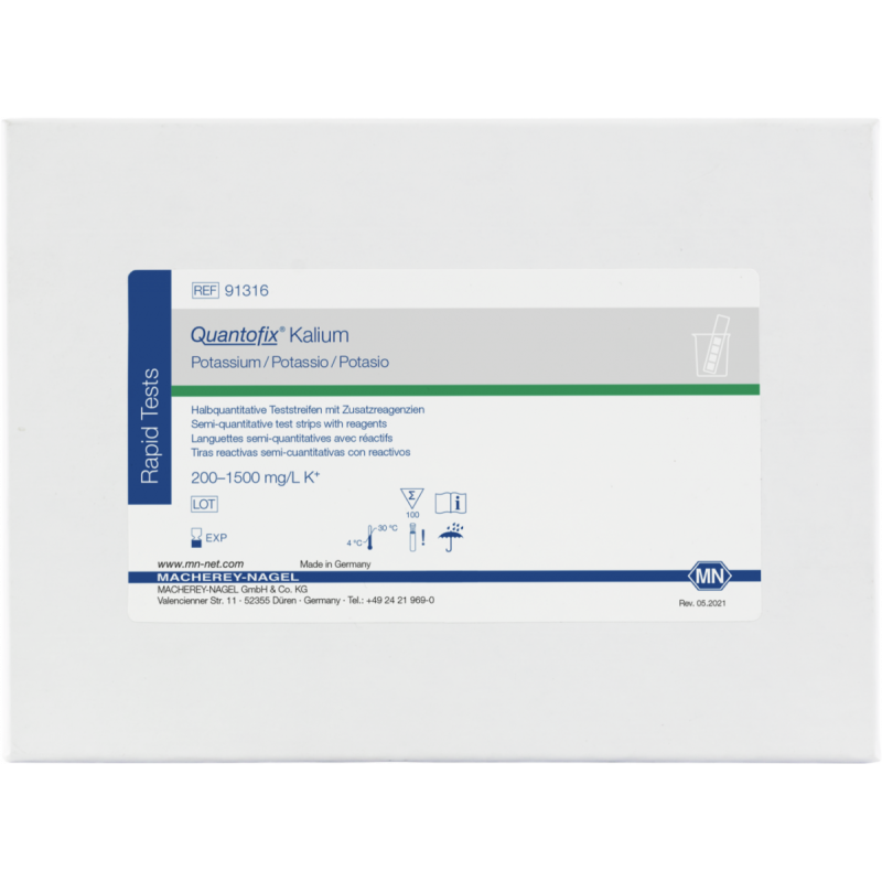 QUANTOFIX Potassium test strips 6 x 95 mm measuring range: 0-200-400-700-1000-1500 mg/L K+ sufficient for 100 determinations