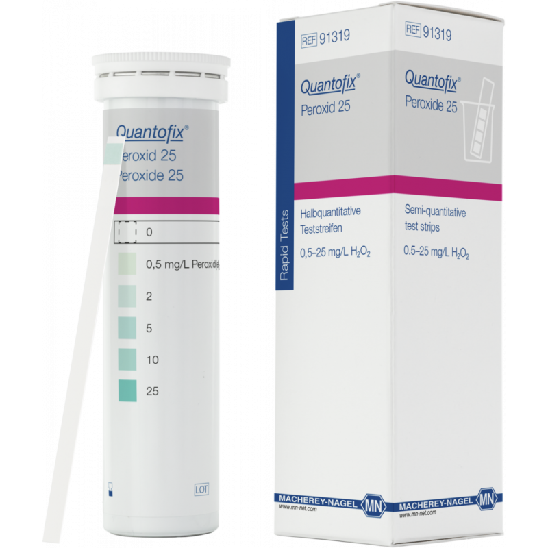 QUANTOFIX Peroxide 25 test strips 6 x 95 mm measuring range: 0-0.5-2-5-10-25 mg/L H2O2 sufficient for 100 determinations