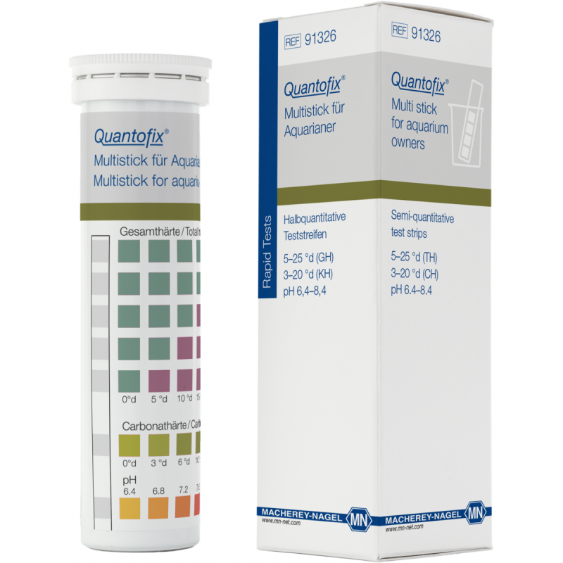 QUANTOFIX Multi stick for aquarium owners test strips 6 x 95 mm measuring range: 0-6.3-12.5-18.8-25.0-31.3 °e (total hardness) 0-3.8-7.5-12.5-18.8-25.0 °e (carbonate hardness) pH 6.4-6.8-7.2-7.6-8.0-8.4 sufficient for 100 determinations