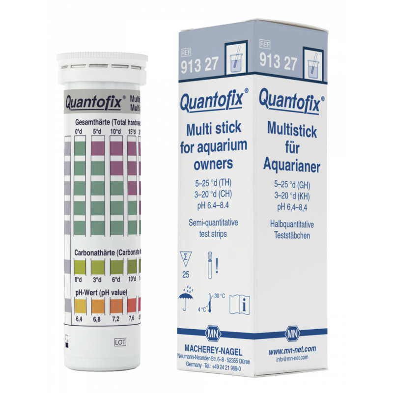 QUANTOFIX Multi-stick for aquarium owners test strips 6 x 95 mm measuring range: 0-6.3-12.5-18.8-25.0-31.3 °e (total hardness) 0-3.8-7.5-12.5-18.8-25.0 °e (carbonate hardness) pH 6.4-6.8-7.2-7.6-8.0-8.4 sufficient for 25 determinations
