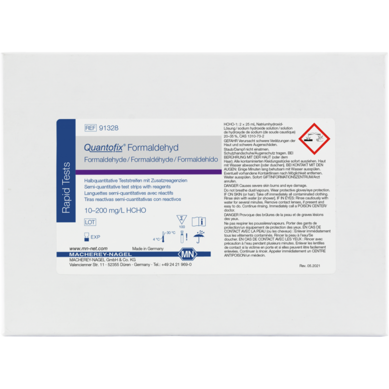 QUANTOFIX Formaldehyde test strips 6 x 95 mm measuring range: 0-10-20-40-60-100-200 mg/L HCHO sufficient for 100 determinations