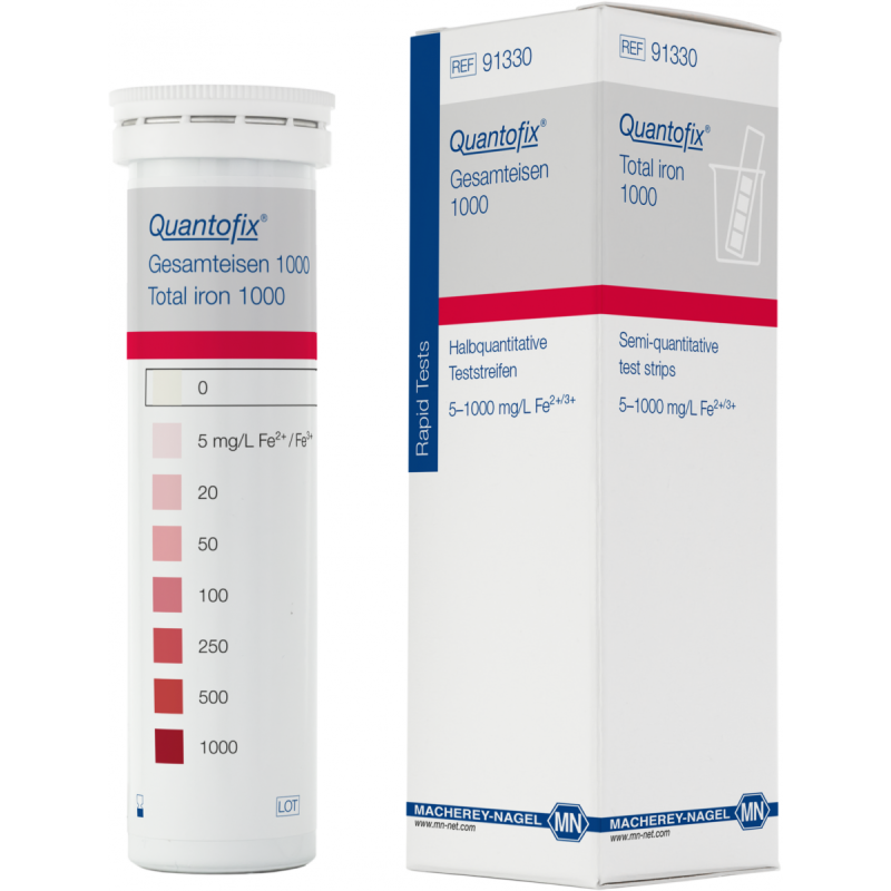 QUANTOFIX Total iron 1000 test strips 6 x 95 mm measuring range: 0-5-20-50-100-250- 500-1000 mg/L Fe2+/Fe3+ sufficient for 100 determinations
