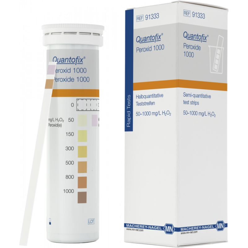 QUANTOFIX Peroxide 1000 test strips 6 x 95 mm measuring range: 0-50-150-300-500- 800-1000 mg/L H2O2 sufficient for 100 determinations