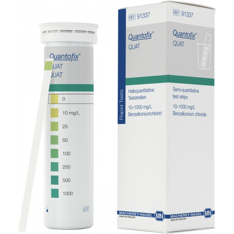 QUANTOFIX QUAT test strips 6 x 95 mm measuring range: 0-10-25-50-100-250- 500-1000 mg/L benzalkonium-chloride sufficient for 100 determinations