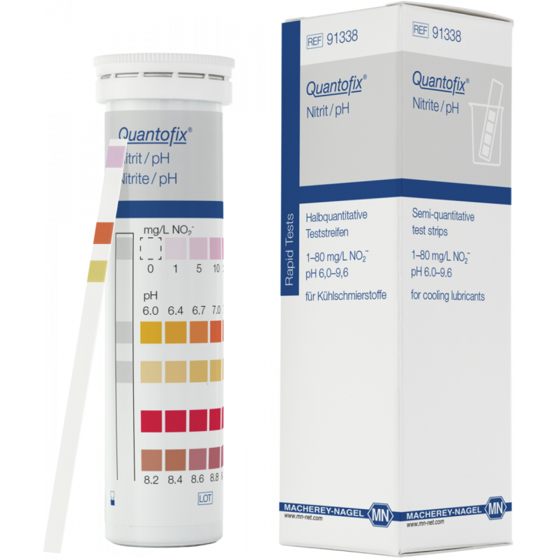 QUANTOFIX Nitrite/pH test strips 6 x 95 mm measuring range: 0-1-5-10-20-40-80 mg/L NO2- pH 6.0-6.4-6.7-7.0-7.3-7.6-7.9- 8.2-8.4-8.6-8.8-9.0-9.3-9.6 sufficient for 100 determinations