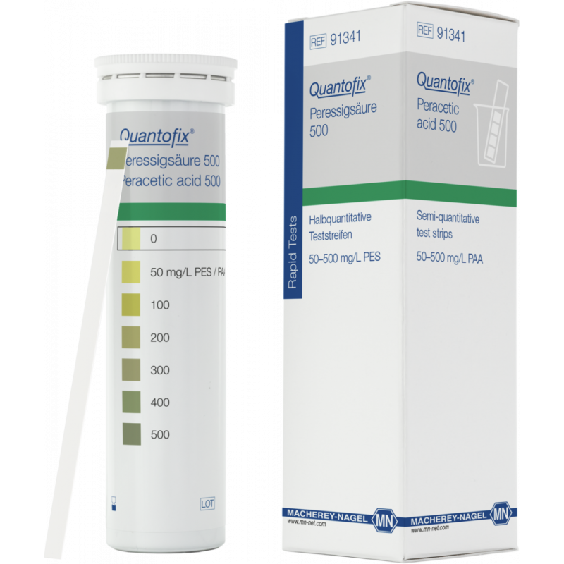 QUANTOFIX Peracetic acid 500 test strips 6 x 95 mm measuring range: 0-50-100-200-300-400- 500 mg/L peracetic acid sufficient for 100 determinations