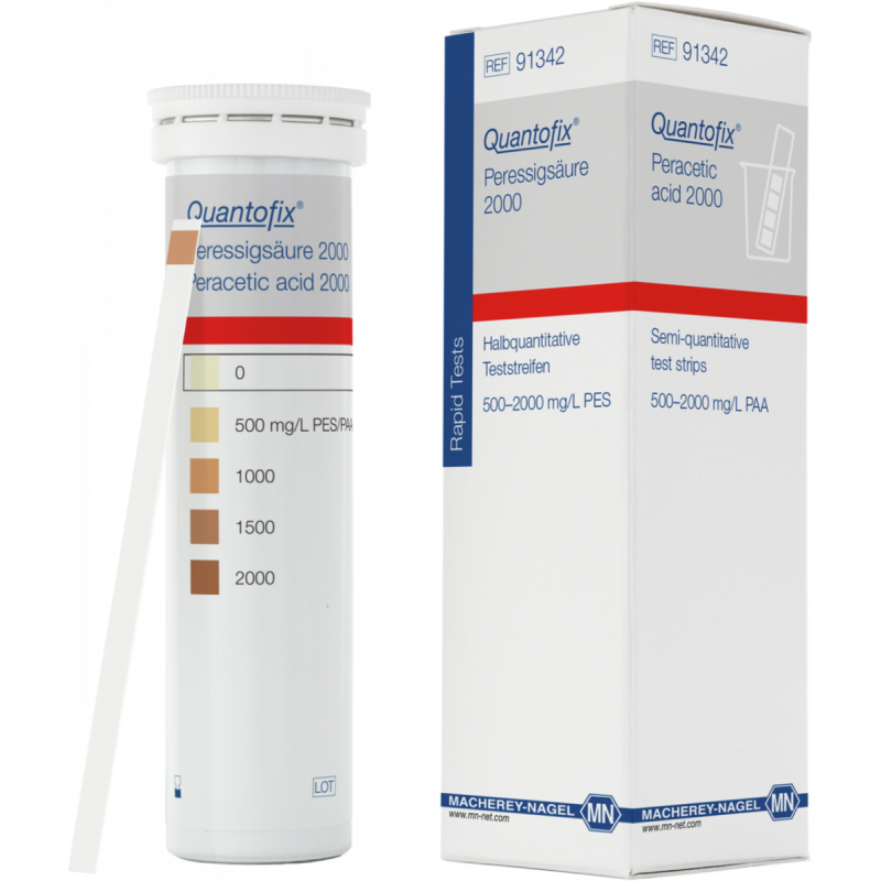 QUANTOFIX Peracetic acid 2000 test strips 6 x 95 mm measuring range: 0-500-1000-1500-2000 mg/L peracetic acid sufficient for 100 determinations