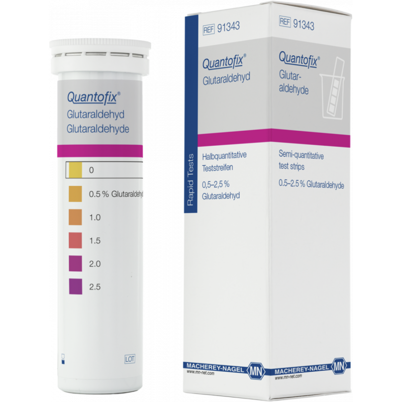 QUANTOFIX Glutaraldehyde test strips 5.5 x 95 mm measuring range: 0-0.5-1-1.5-2-2.5 % sufficient for 100 determinations
