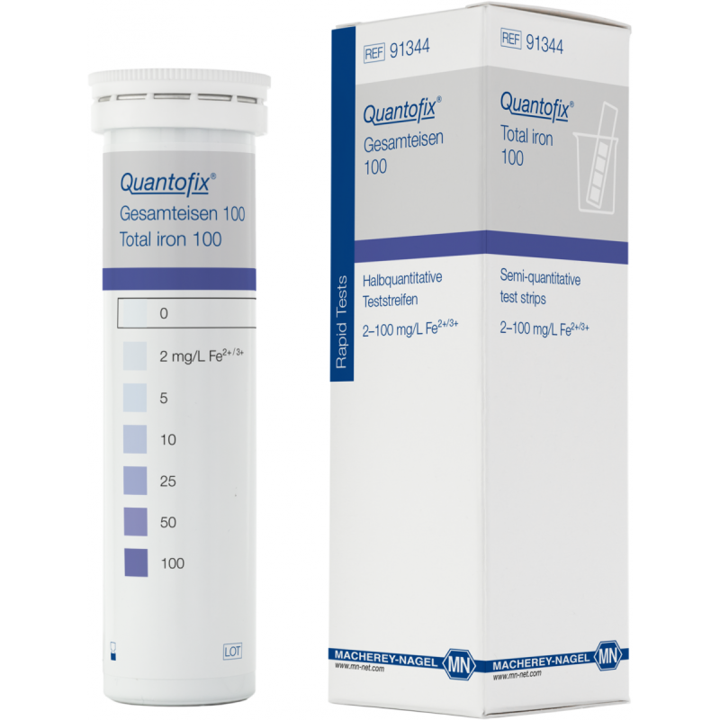 QUANTOFIX Total iron 100 test strips 6 x 95 mm measuring range: 0-2-5-10-25-50-100 mg/L Fe2+/Fe3+ sufficient for 100 determinations