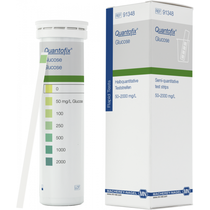 QUANTOFIX Glucose test strips 6 x 95 mm measuring range: 0-50-100-250-500- 1000-2000 mg/L glucose sufficient for 100 determinations