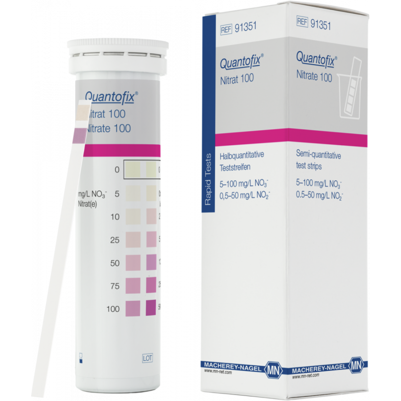 QUANTOFIX Nitrate 100 test strips 6 x 95 mm measuring range: 0-5-10-25-50-75-100 mg/L NO3- 0-0.5-2-5-10-25-50 mg/L NO2- sufficient for 100 determinations
