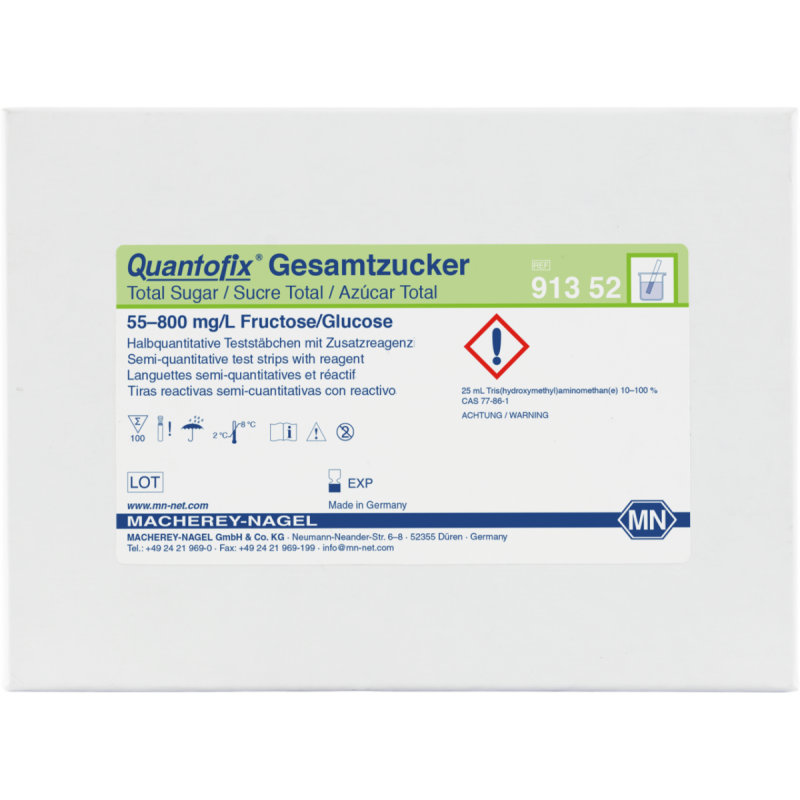 QUANTOFIX Total Sugar test strips 6 x 95 mm measuring range: 0-55-100-250-400-600- 800 mg/L fructose/glucose sufficient for 100 determinations