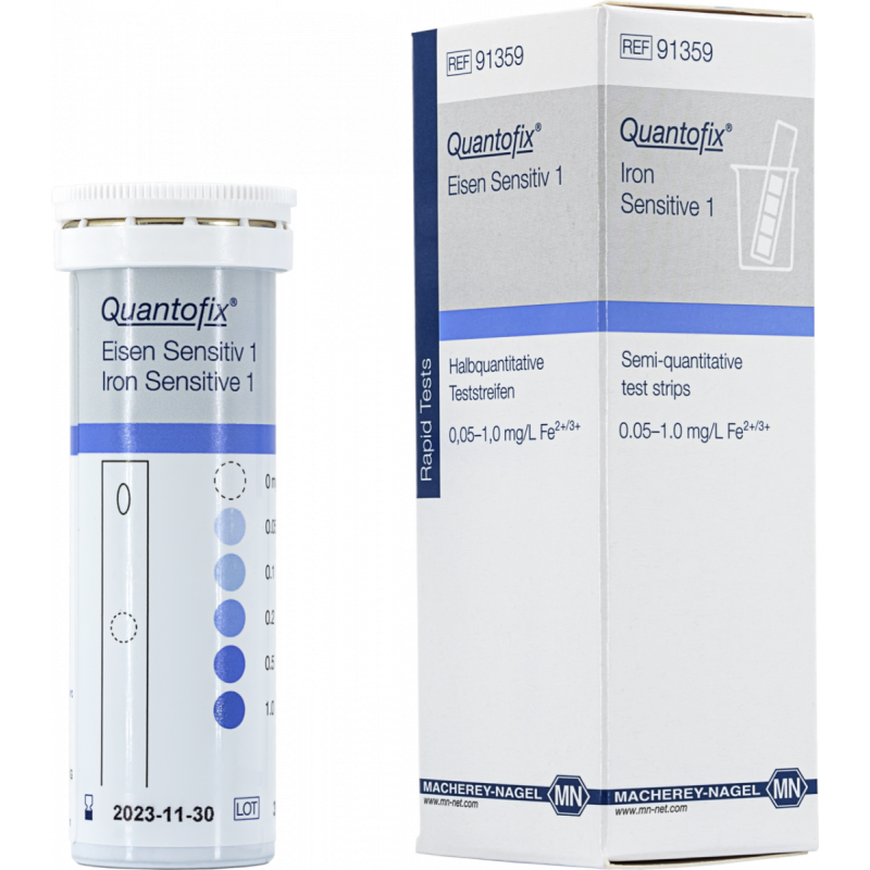 QUANTOFIX Iron Sensitive 1 test strips 7x60 mm measuring range: 0 - 0.05 - 0.1 - 0.2 - 0.5 - 1.0 mg/L Fe2+/3+ sufficient for 25 determinations