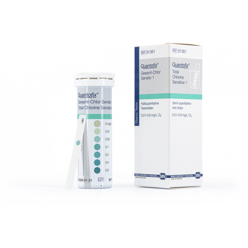 QUANTOFIX Total Chlorine Sensitive 1 test strips 7 x 60 mm measuring range: 0 - 0.01 - 0.05 - 0.1 - 0.2 - 0.4 - 0.8 mg/L Cl2 sufficient for 50 determinations
