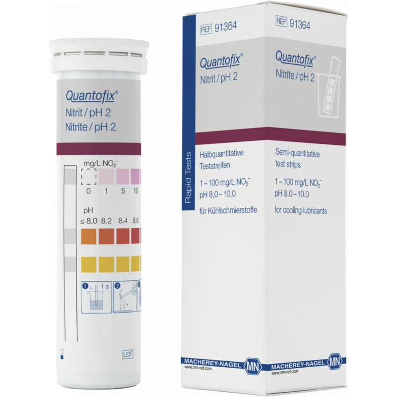 QUANTOFIX Nitrite/pH 2 test strips 5.5 x 95 mm measuring range: 0-1-5-10-20-40-80-100 mg/L NO2- pH <=8.0-8.2-8.4-8.6-8.8-9.0-9.2- 9.4-9.6-9.8- >=10.0 sufficient for 100 determinations