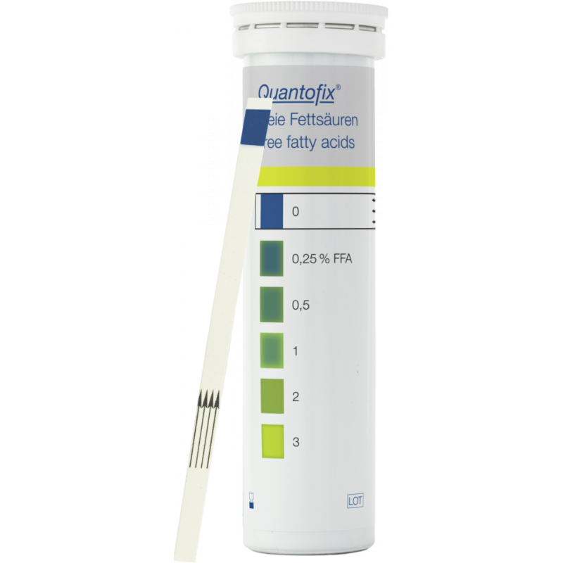 QUANTOFIX Free fatty acids for frying oil Test strips 7 x 95 mm Measuring range: 0 - 3 % FFA Pg. of 50 determinations
