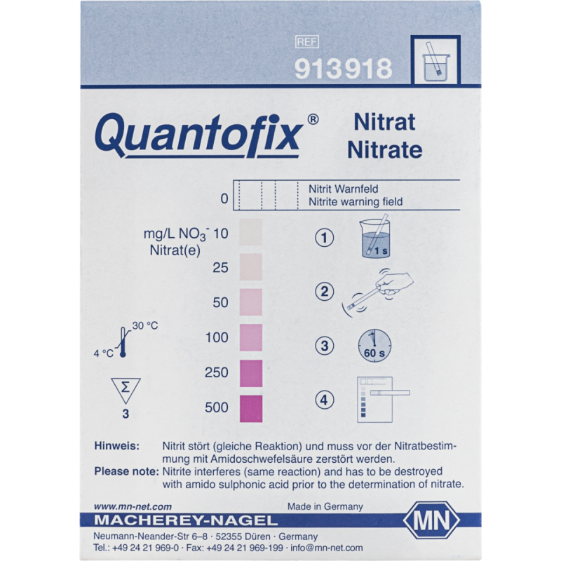 QUANTOFIX Nitrate set of 3 individually sealed test sticks pack of 50 sets, with test field for nitrite without colour scale for nitrite
