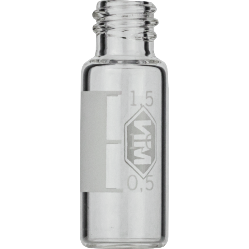 1.5 mL Screw Neck Vial N 8 outer diameter: 11.6 mm, outer height: 32 mm clear, flat bottom, small opening, label + scale pack of 100 1.5 mL Screw Neck Vial N 8 outer diameter: 11.6 mm, outer height: 32 mm clear, flat bottom, small opening, label + scale pack of 100