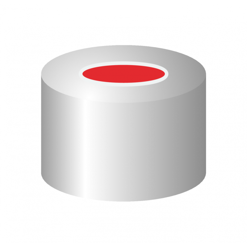 N 8 Aluminium crimp cap, silver, center hole Red Rubber/FEP colorless Hardness: 45° shore A Thickness: 1.0 mm pack of 100