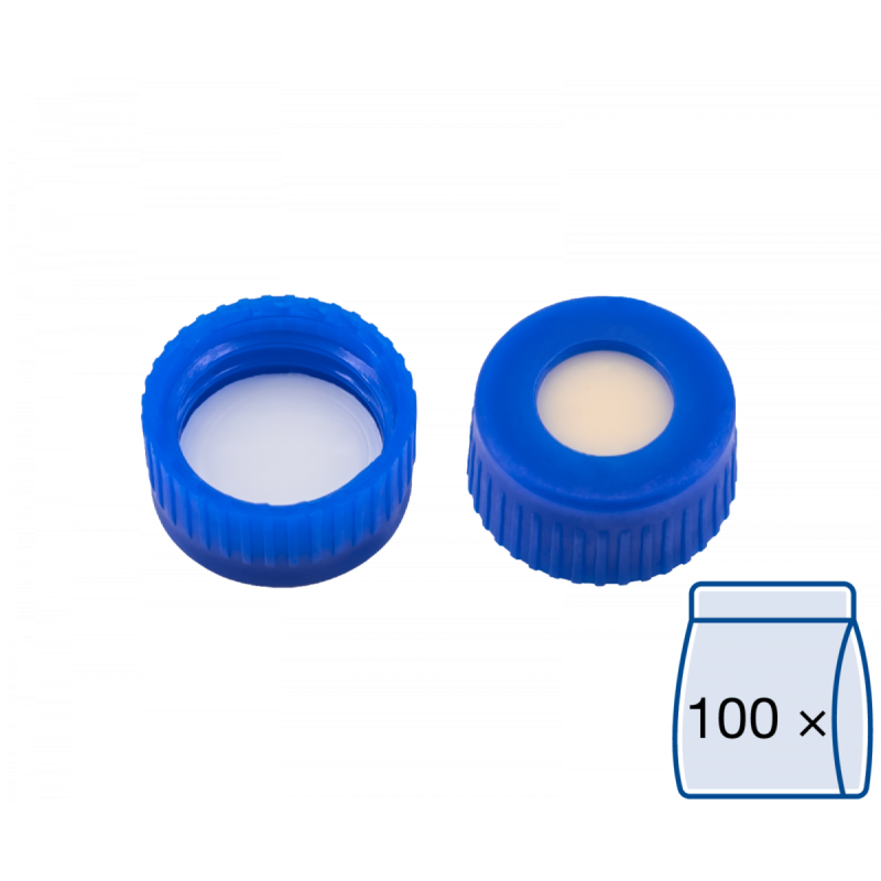 N 9 PP screw cap (bonded), blue, center hole Silicone beige/PTFE white Hardness: 45° shore A Thickness: 1.3 mm pack of 100