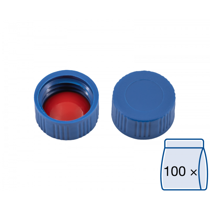 N 9 PP screw cap, blue, closed top Silicone white/PTFE red Hardness: 45° shore A Thickness: 1.0 mm pack of 100