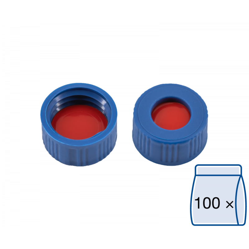 N 9 PP screw cap, blue, center hole PTFE red/Silicone white/PTFE red Hardness: 50° shore A Thickness: 1.0 mm pack of 100