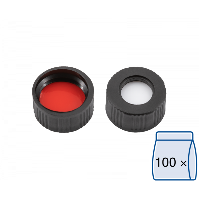 N 9 PP screw cap, black, center hole Silicone white/PTFE red Hardness: 45° shore A Thickness: 1.0 mm pack of 100