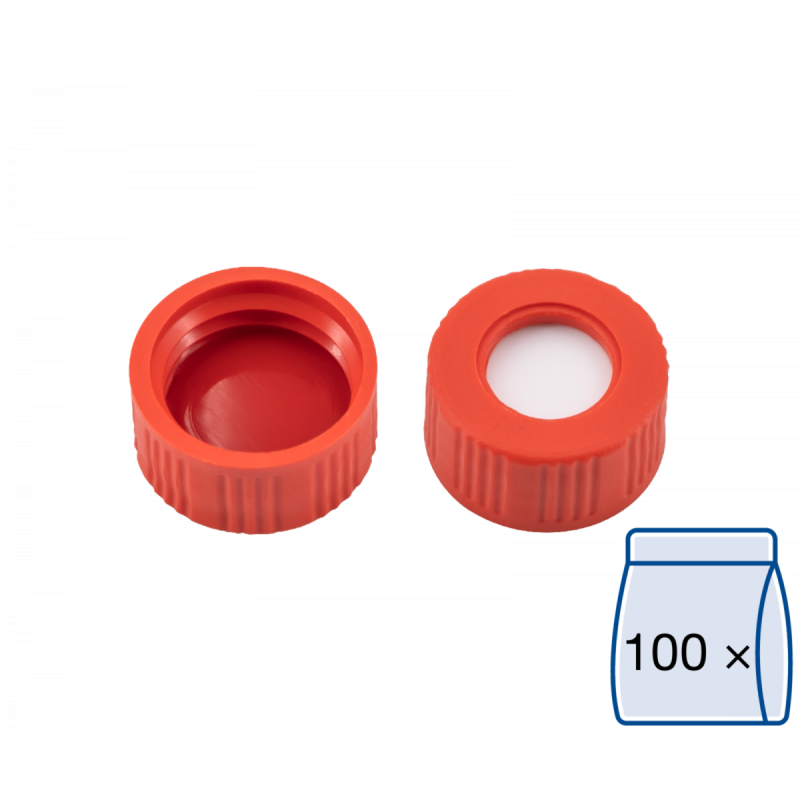 N 9 PP screw cap, red, center hole Silicone white/PTFE red Hardness: 45° shore A Thickness: 1.0 mm pack of 100