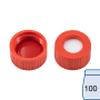 N 9 PP screw cap, red, center hole Silicone white/PTFE red Hardness: 45° shore A Thickness: 1.0 mm pack of 100
