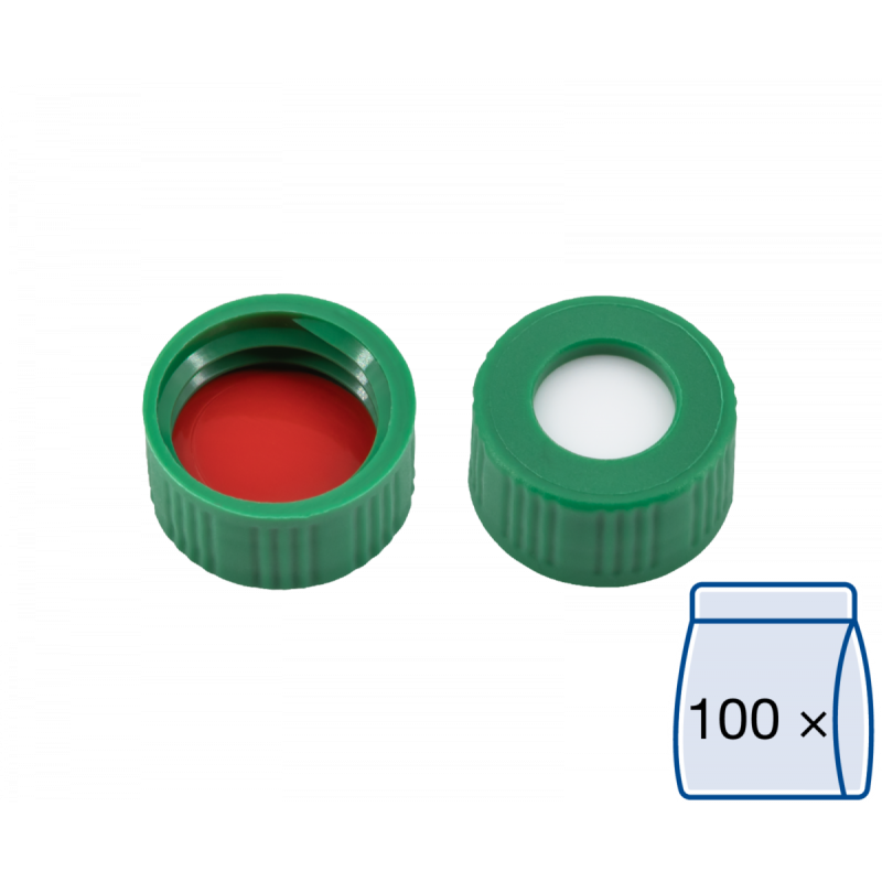 N 9 PP screw cap, green, center hole Silicone white/PTFE red Hardness: 45° shore A Thickness: 1.0 mm pack of 100