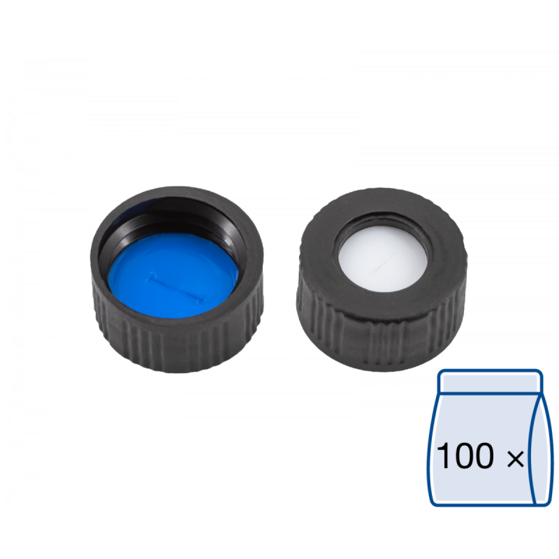 N 9 PP screw cap, black, center hole Silicone white/PTFE blue, slit Hardness: 55° shore A Thickness: 1.0 mm pack of 100