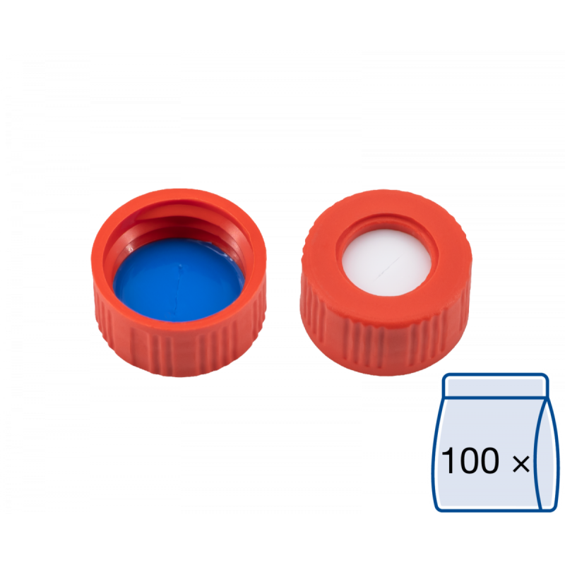 N 9 PP screw cap, red, center hole Silicone white/PTFE blue, slit Hardness: 55° shore A Thickness: 1.0 mm pack of 100