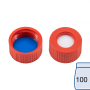 N 9 PP screw cap, red, center hole Silicone white/PTFE blue, slit Hardness: 55° shore A Thickness: 1.0 mm pack of 100