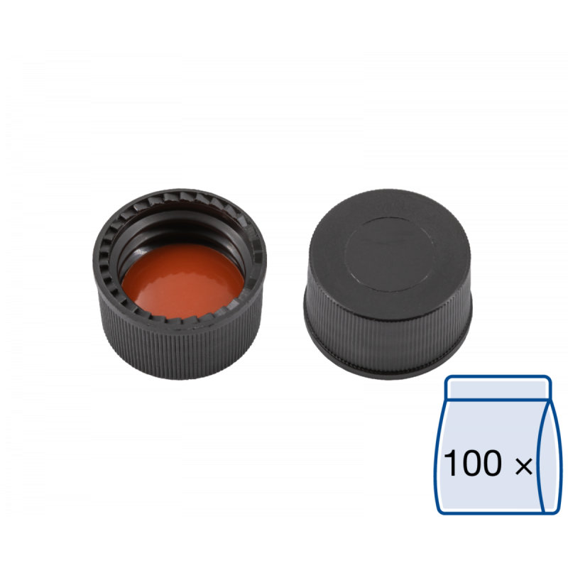 N 13 PP screw cap, black, closed top Red Rubber/FEP colorless Hardness: 45° shore A Thickness: 1.5 mm pack of 100