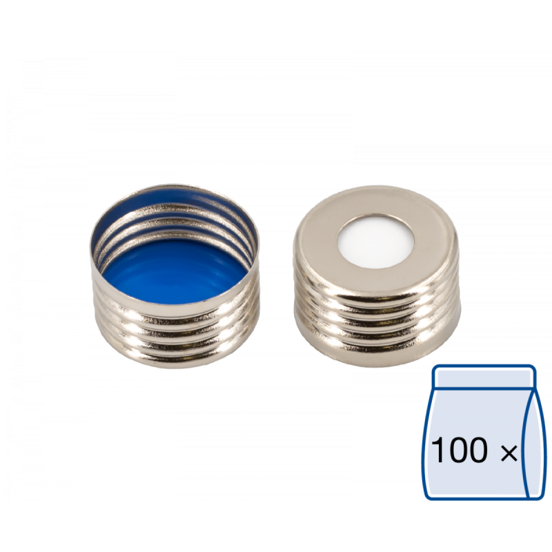 N 18 magnetic screw cap, silver, center hole Silicone white/PTFE blue Hardness: 45° shore A Thickness: 1.5 mm pack of 100