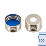 N 18 magnetic screw cap, silver, center hole Silicone white/PTFE blue Hardness: 45° shore A Thickness: 1.5 mm pack of 100