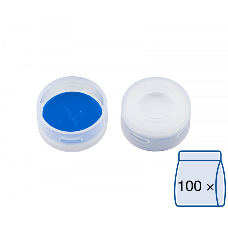N 11 PE snap ring cap, transparent, center hole Silicone white/PTFE blue, cross-slit Hardness: 55° shore A Thickness: 1.0 mm pack of 100